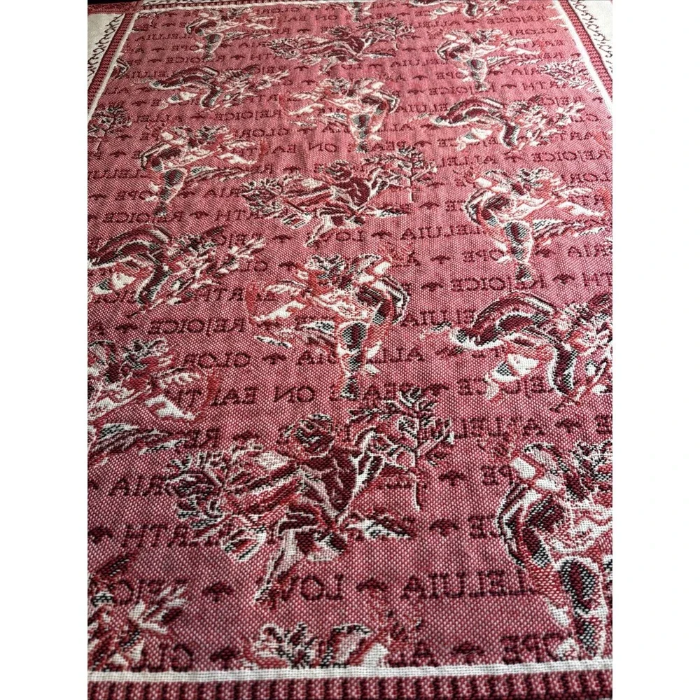 Vintage 90s Christmas Tapestry Blanket Red Angel Cherub Rejoice Peace on‎ Earth